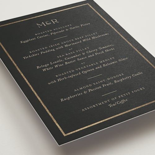This is a charcoal menu cards with foil pressed by Lucrecia Caporale called timeless charm printing on signature in 5x7