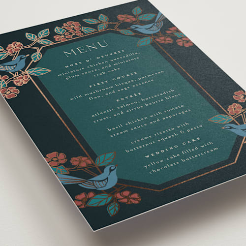 This is a onyx menu cards with foil pressed by Ana de Sousa called wedding birds printing on signature in standard