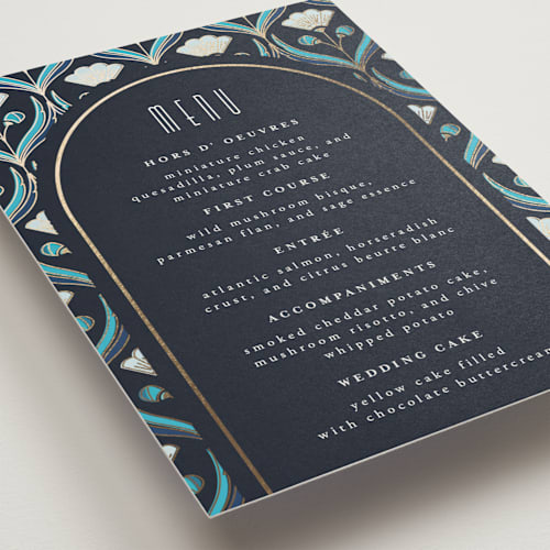 This is a cote d'azur menu cards with foil pressed by Ana de Sousa called deco pattern printing on signature in standard