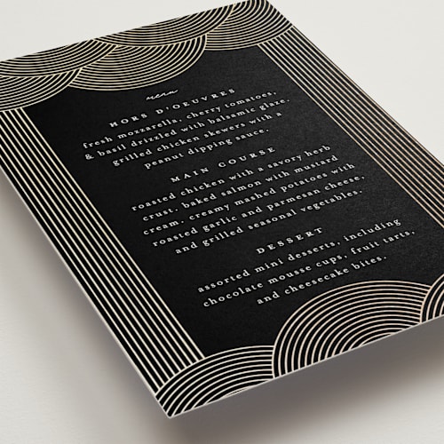 This is a onyx menu cards with foil pressed by Lori Wemple called ionic printing on signature in standard