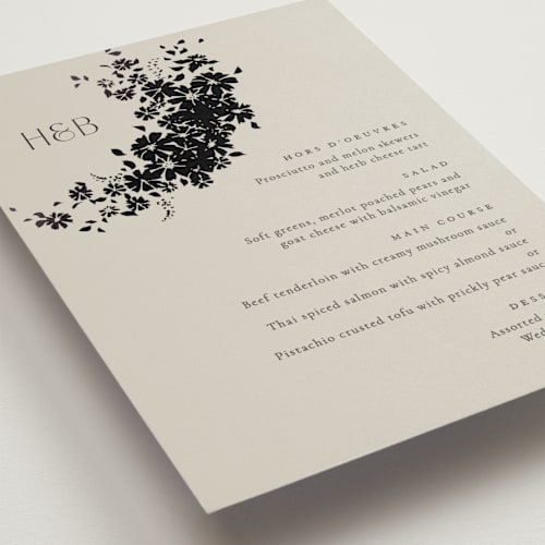 This is a smoke menu cards with foil pressed by Robert and Stella called bouquet toss printing on signature in standard