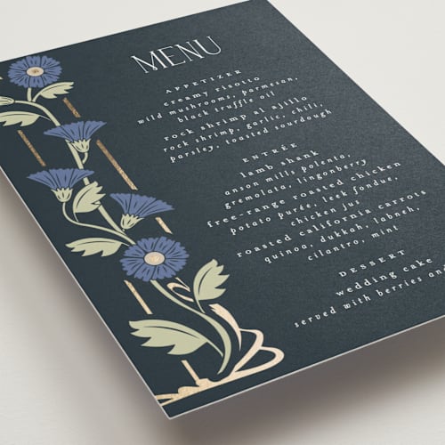 This is a lilac menu cards with foil pressed by Hudson meet Rose called nouveau printing on signature in standard