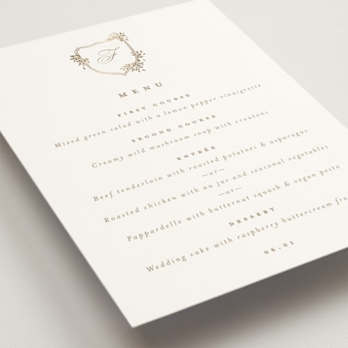 This is a pearl menu cards with foil pressed by Leah Bisch called monogram in leaves printing on signature in standard
