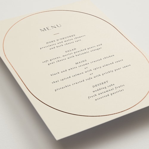 This is a linen menu cards with foil pressed by Blustery August called walnut printing on signature in standard