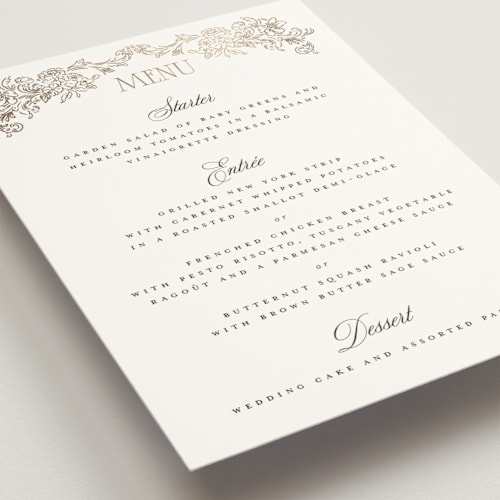 This is a pearl menu cards with foil pressed by Jenna Holcomb called rococo printing on signature in standard