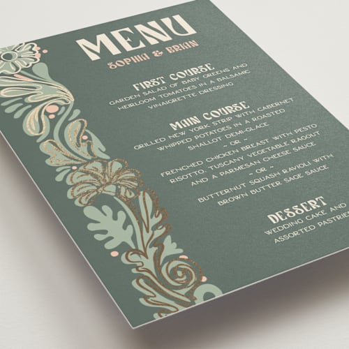 This is a sage menu cards with foil pressed by GeekInk Design called nouveau frame printing on signature in standard