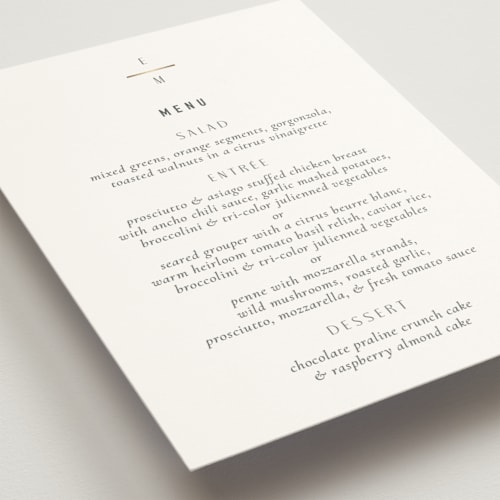 This is a granite menu cards with foil pressed by Jackie Mangiolino called minimal monogram printing on signature in standard