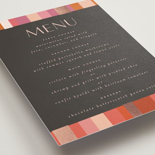This is a fruit punch menu cards with foil pressed by Morgan Kendall called patchwork border printing on signature in standard