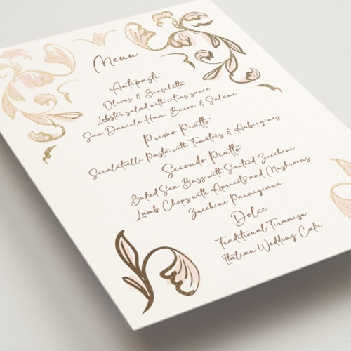 This is a blush menu cards with foil pressed by Ani Somi called bella bellissima printing on signature in standard