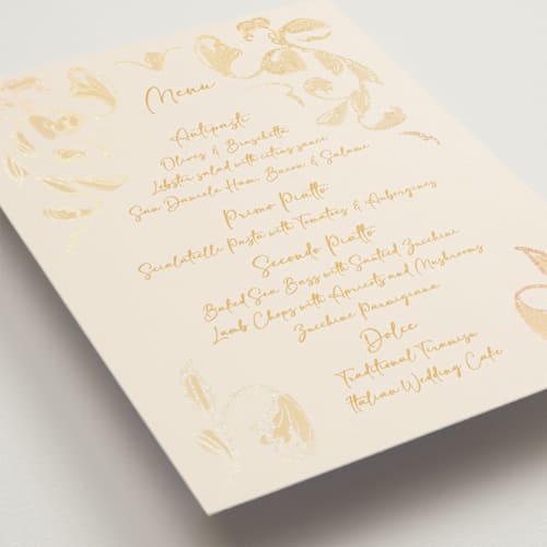 This is a sunshine menu cards with foil pressed by Ani Somi called bella bellissima printing on signature in standard