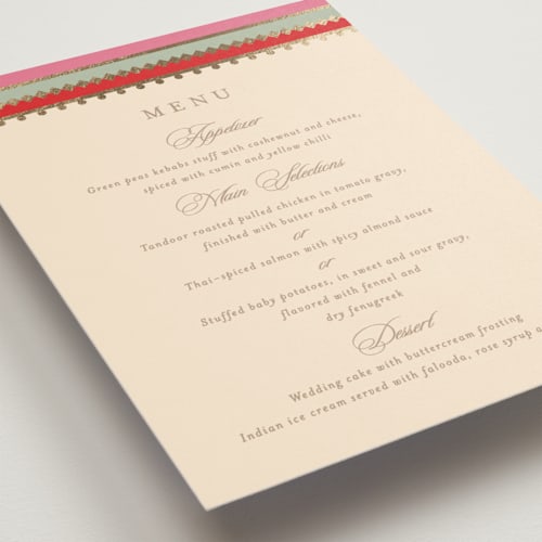 This is a carnation menu cards with foil pressed by Creo Study called mandapam printing on signature in standard