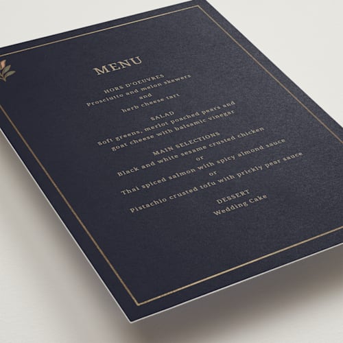 This is a navy menu cards with foil pressed by Jessica Beck called botanical tapestry printing on signature in standard