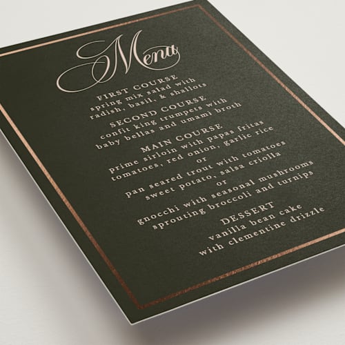 This is a midnight forest menu cards with foil pressed by Morgan Kendall called playbill printing on signature in standard