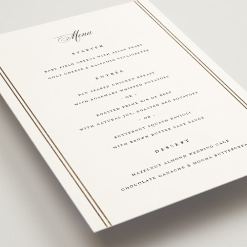 This is a silk menu cards with foil pressed by Carolyn MacLaren called scripted striped printing on signature in standard