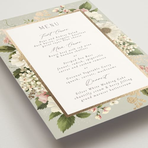 This is a moss menu cards with foil pressed by Chris Griffith called floral tribute printing on signature in standard