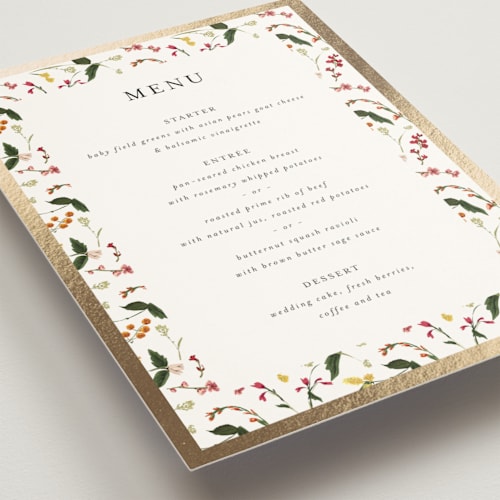 This is a burgundy menu cards with foil pressed by Susan Moyal called enchanting printing on signature in standard