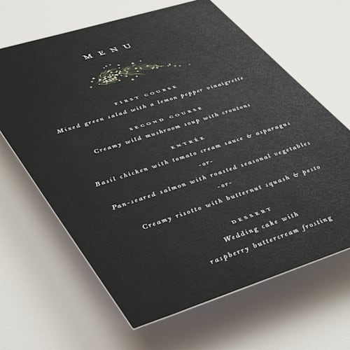 This is a tuxedo menu cards with foil pressed by Leah Bisch called winter garland printing on signature in standard