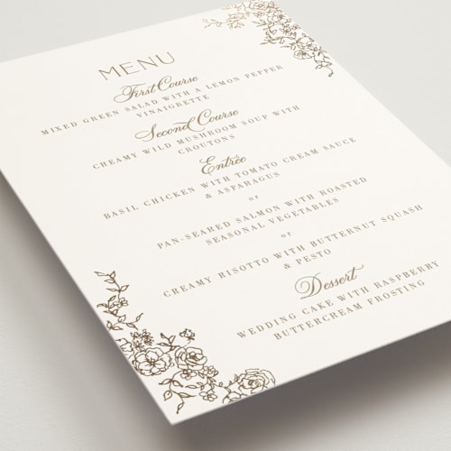 This is a champagne menu cards with foil pressed by Cass Loh called floral crest printing on signature in 5x7