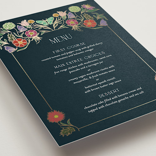 This is a midnight garden menu cards with foil pressed by Simona Camp called gilded tapestry printing on signature in standard