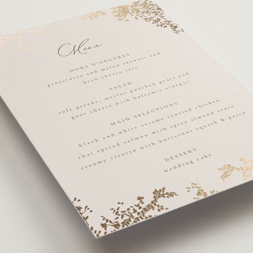This is a luxe neutral menu cards with foil pressed by Design Lotus called forever and a day printing on signature in standard