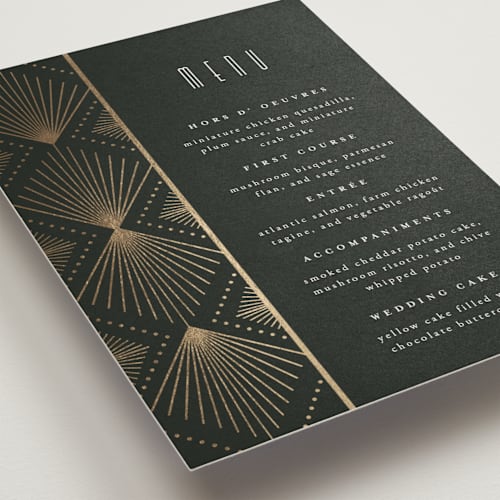 This is a onyx menu cards with foil pressed by Ana de Sousa called deco pattern printing on signature in standard