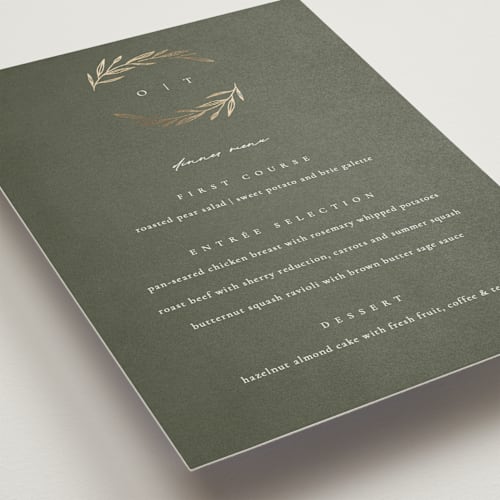 This is a moss menu cards with foil pressed by Kelly Schmidt called leaves printing on signature in standard