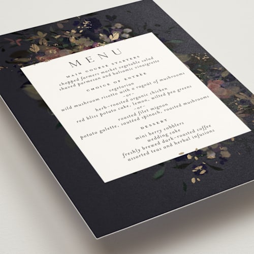 This is a midnight menu cards with foil pressed by Grace Kreinbrink called vintage rose garden printing on signature in standard