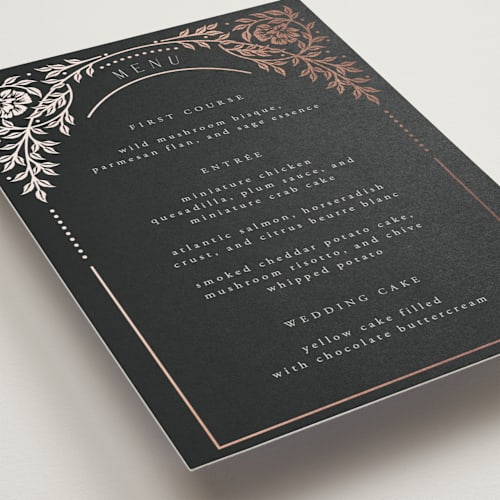 This is a onyx menu cards with foil pressed by Ana de Sousa called gilded nouveau frame printing on signature in standard