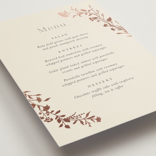 This is a creme brulee menu cards with foil pressed by Jennifer Wick called queen anne's lace printing on signature in standard