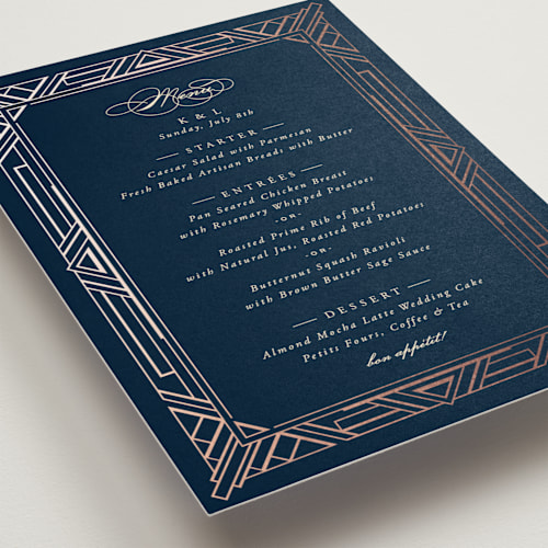 This is a navy menu cards with foil pressed by Hooray Creative called opulent border printing on signature in standard