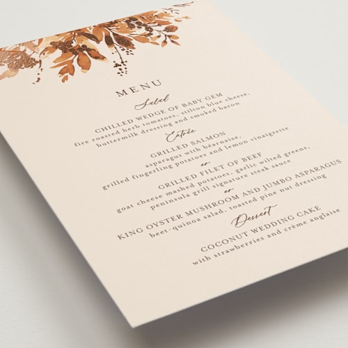 This is a rust menu cards with foil pressed by Chris Griffith called wedding in aspen printing on signature in standard