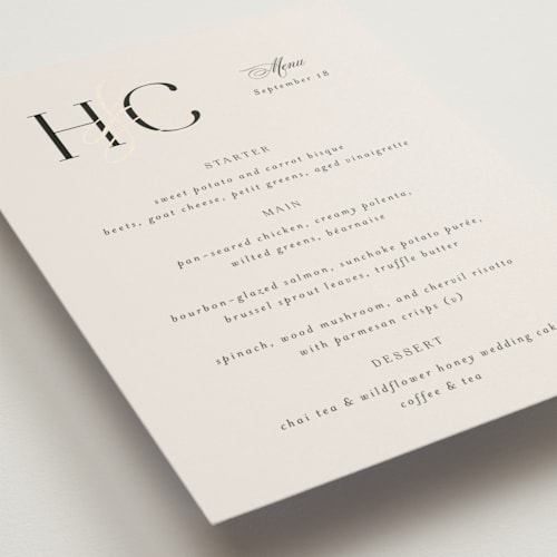 This is a ivory menu cards with foil pressed by Melanie Kosuge called honor printing on signature in standard