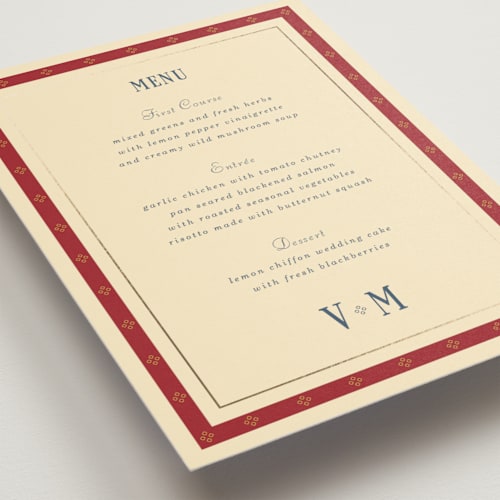 This is a navy menu cards with foil pressed by Baumbirdy called woven printing on signature in 5x7