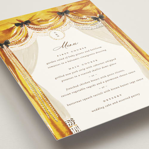 This is a golden menu cards with foil pressed by Claudia Orengo called tuileries printing on signature in 5x7