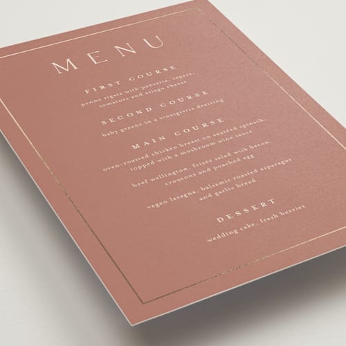 This is a dusty rose menu cards with foil pressed by Stacey Meacham called warm affection printing on signature in standard