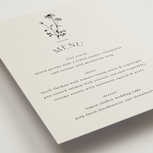 This is a linen menu cards with foil pressed by Baumbirdy called floral type arch printing on signature in standard