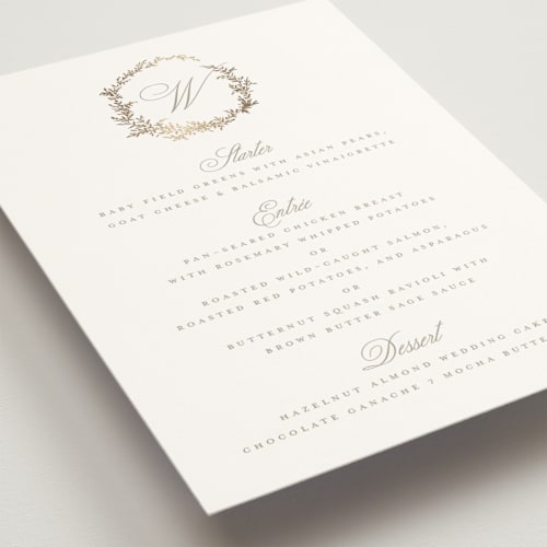 This is a chantilly menu cards with foil pressed by Wildfield Paper Co called romantic wreath printing on signature in standard