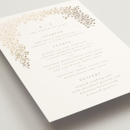This is a leaf menu cards with foil pressed by Kristie Kern called villa printing on signature in standard