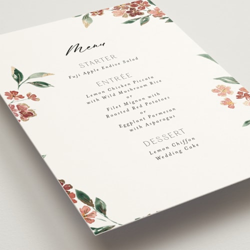 This is a dusty rose menu cards with foil pressed by Itsy Belle Studio called sweeping vine printing on signature in standard