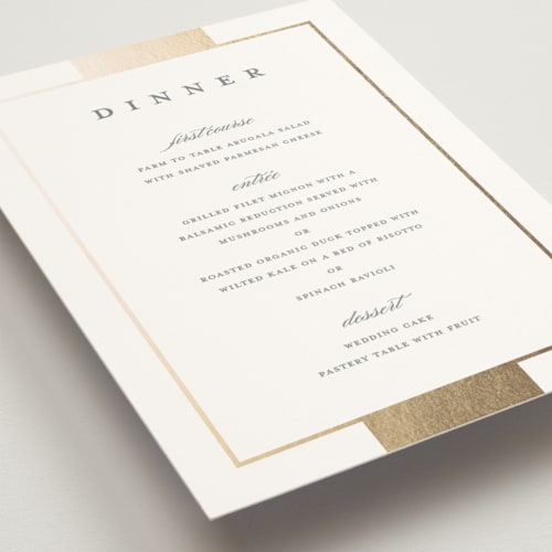 This is a slate menu cards with foil pressed by Stacey Meacham called refined style printing on signature in standard