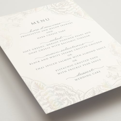 This is a opal menu cards with gloss press by Rochelle Renee called au jardin printing on signature in standard