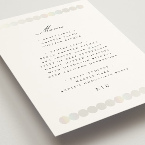 This is a silk menu cards with foil pressed by mo kelley called pearls printing on signature in standard