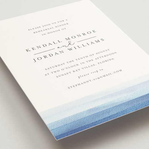 This is a azure rehearsal dinner invitations with standard by Bethan called watercolour stripe printing on signature in standard