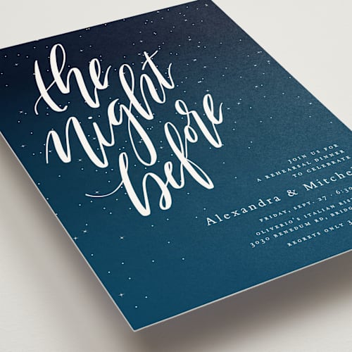 This is a nightfall rehearsal dinner invitations with standard by Lea Delaveris called the night before printing on signature in standard