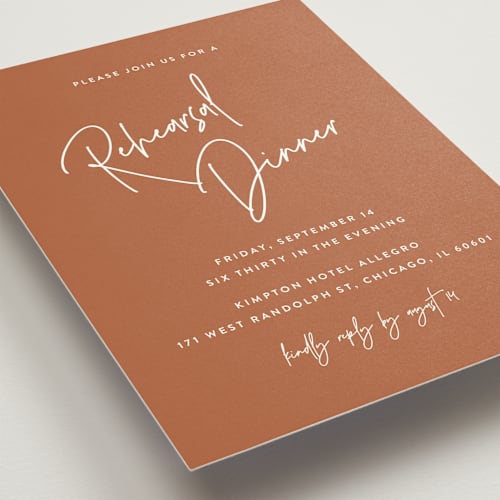 This is a rust rehearsal dinner invitations with standard by JoAnn Jinks called marked printing on signature in standard