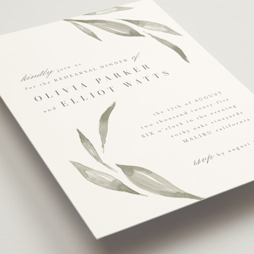 This is a leaf rehearsal dinner invitations with standard by Kristie Kern called whispered leaves printing on signature in standard