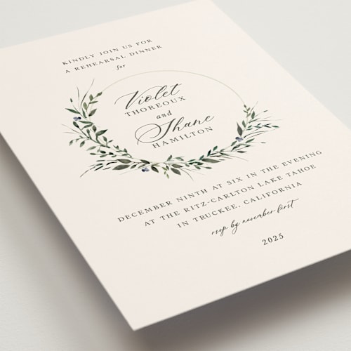 This is a champagne rehearsal dinner invitations with standard by Lori Wemple called green wreath printing on signature in standard