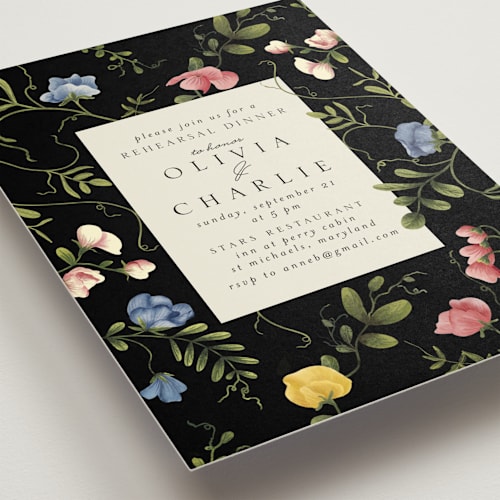 This is a night rehearsal dinner invitations with standard by Chris Griffith called a botanical event printing on signature in standard