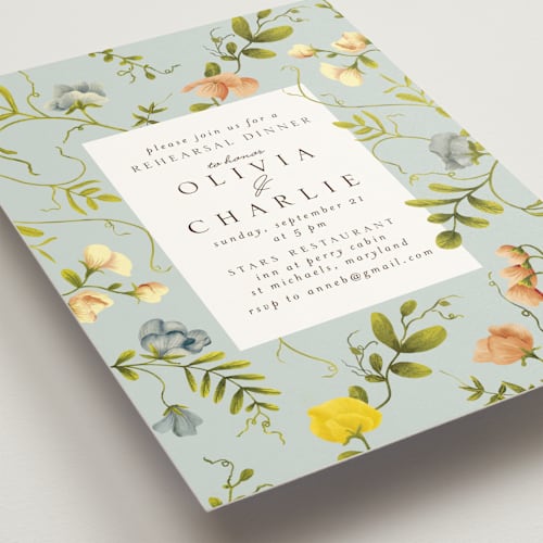 This is a bluebell rehearsal dinner invitations with standard by Chris Griffith called a botanical event printing on signature in standard