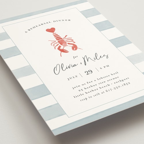 This is a ocean rehearsal dinner invitations with standard by Jen Tips called love and lobsters printing on signature in standard